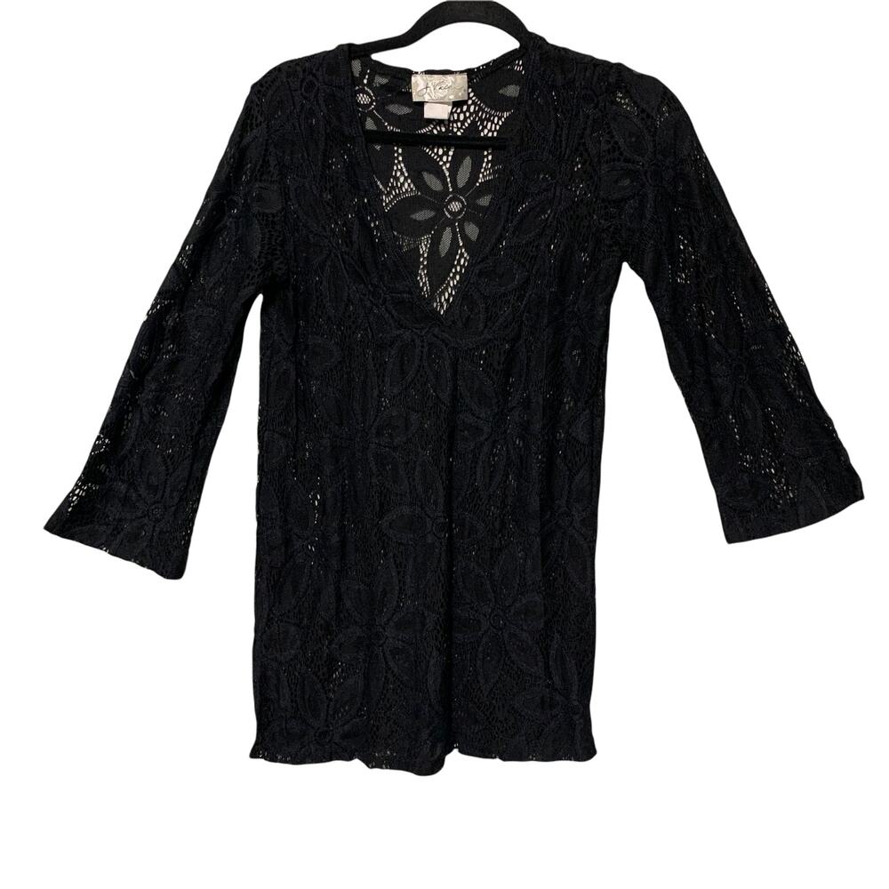 J‎ Valdi Daisy Floral Lace Flower Deep V-Neck Black Swimwear Cover Up Small